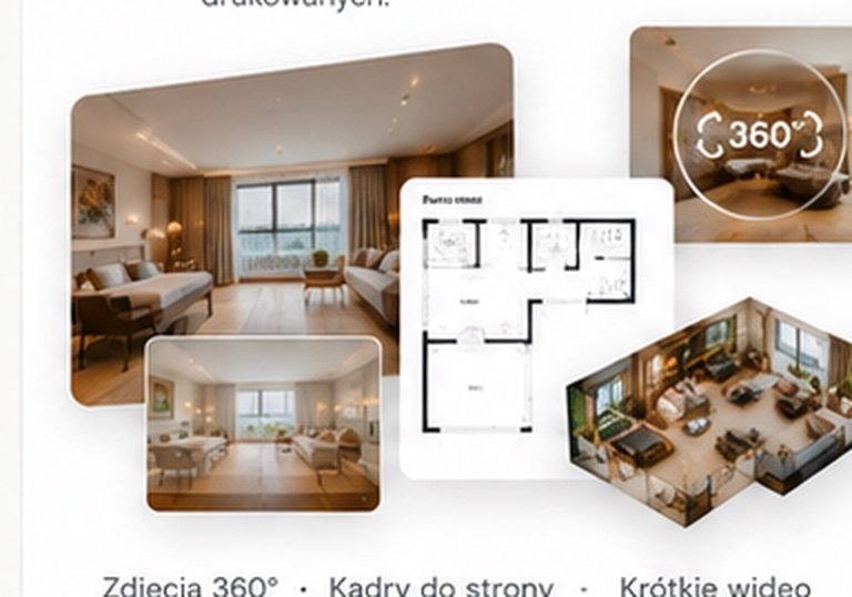 Zestaw materiałów z jednego spaceru 360°: zdjęcia wnętrz, rzut pomieszczeń i widok dollhouse