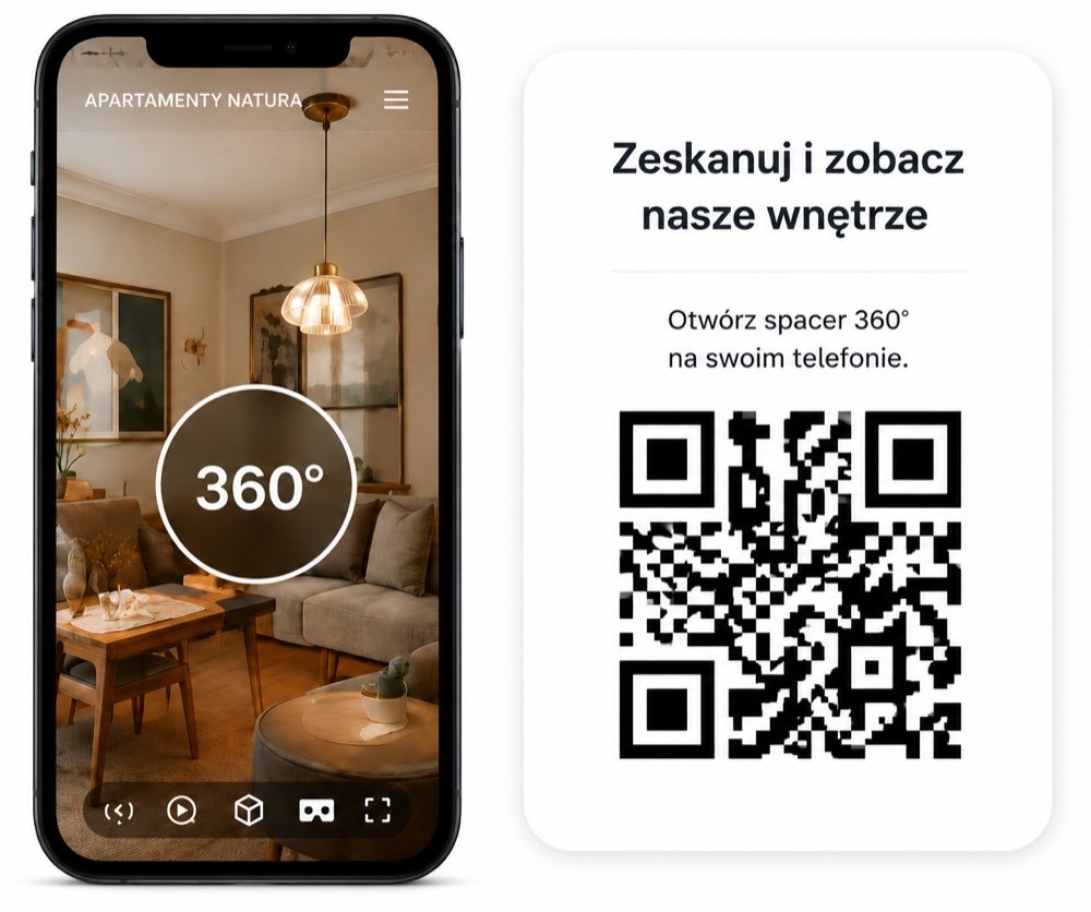 Telefon ze spacerem 360° obok kodu QR do zeskanowania