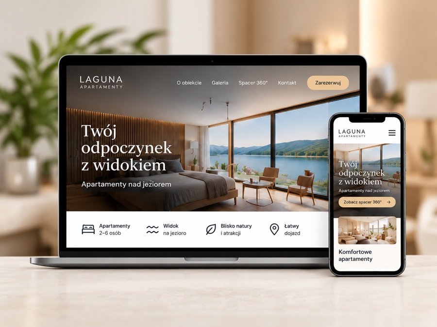 Mockup strony typu landing page z wirtualnym spacerem 360° dla apartamentów nad jeziorem