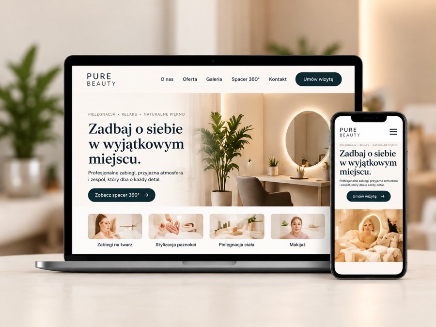 Mockup pełnej strony firmowej z wirtualnym spacerem 360° dla studia urody